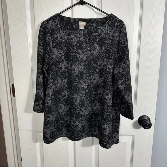 Chico's Sz 2 (large) black lace-look tunic, 3/4 sleeves - Picture 1 of 8